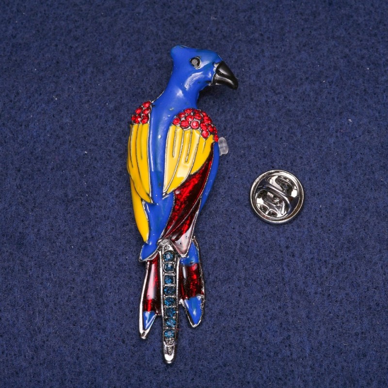Parrot Brooch with Enamel and Crystals, Gray Metal 20x65mm