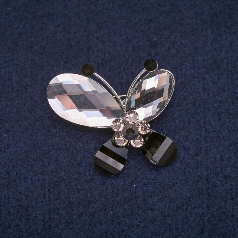 Brooch 'Butterfly with crystals', silver-toned metal 32×32mm