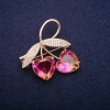 Twig Brooch with Yellow-Pink Crystals in Swarovski Style, Golden Metal 35x37mm