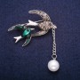 Sale! Bird-shaped Brooch with Enamel, Bead and Rhinestones, Gray Metal 32x41mm