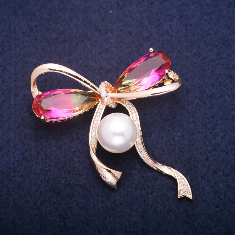 Sale! Bow Brooch with central bead and yellow-pink crystals in Swarovski-style, gold-tone metal 45×47 mm