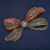Sale! Bow Brooch with Green, Red and Gray Rhinestones, Antique Gold-Tone Metal 38×72 mm