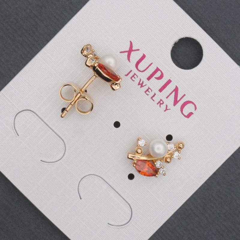 Сережки пусети кульчики Xuping з червоними кристалами та Майоркою, діаметр 8х13мм Позолота 18К