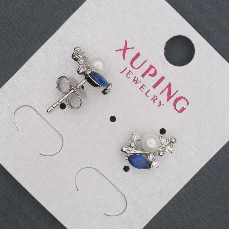 Xuping Stud Earrings with Blue Crystals and Majorca Pearls, 8x13 mm Rhodium-plated