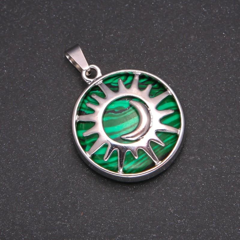 Natural Malachite Pendant in Bezel Setting 'Sun', 27mm Diameter