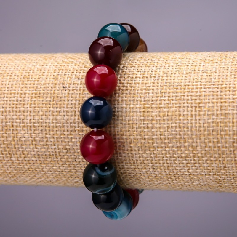 Agate Bracelet with Multicolor Smooth Bead, 12 mm Diameter on Elastic, 18 cm Length