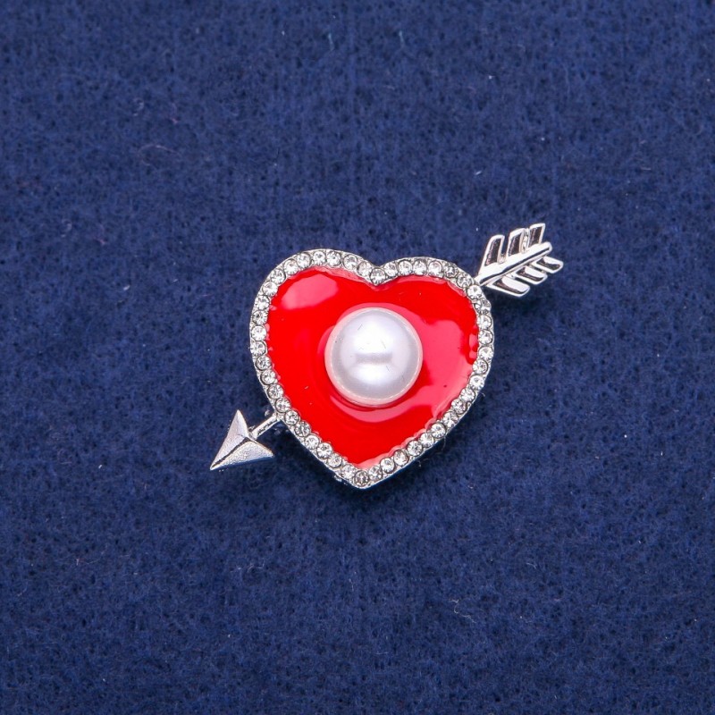 Sale! Heart Brooch with Red Enamel, White Rhinestones and Seed Bead, 25x42mm, Silver-tone Metal