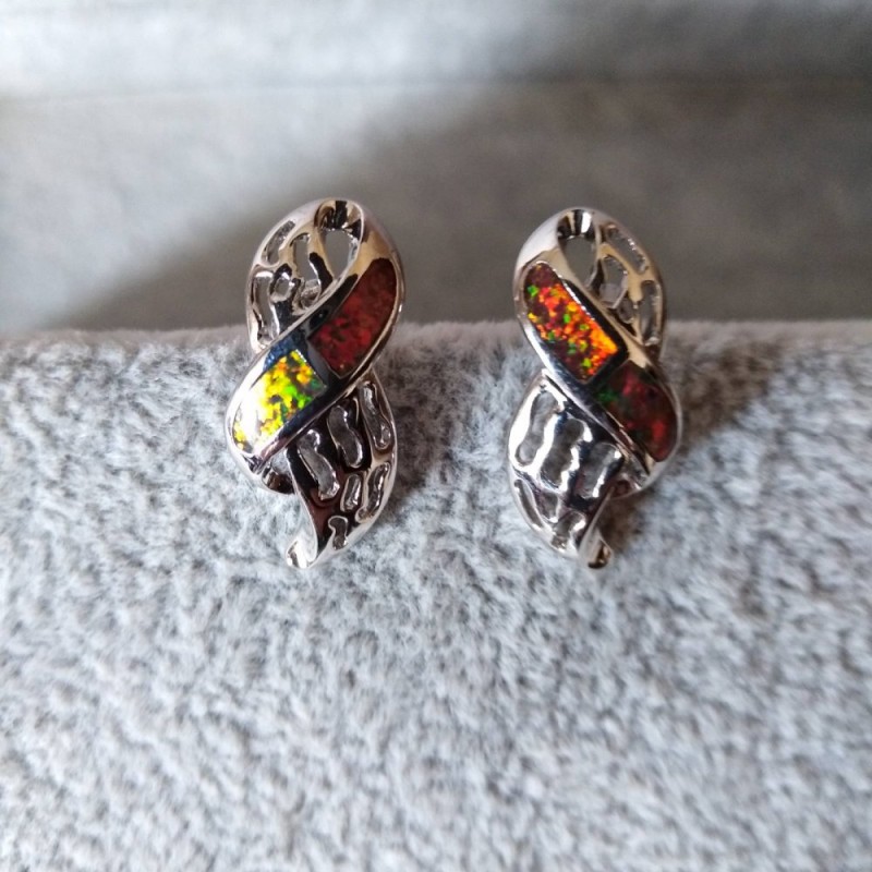 Lace-Style Opal Stud Earrings, Synthetic Opal Insert, Silver Color / 20×10 mm