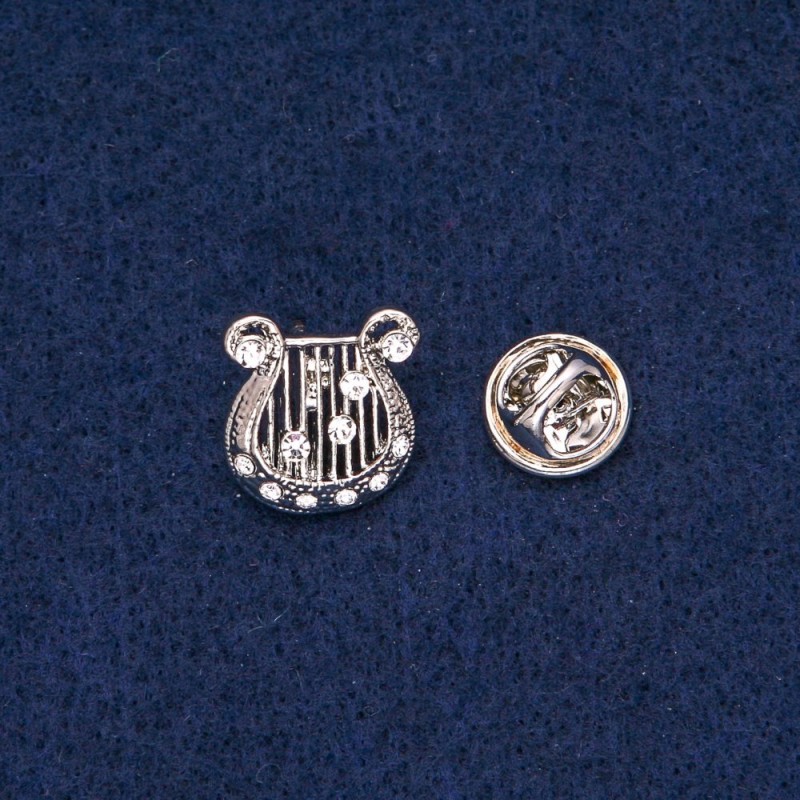 Brooch 'Lyre' with white crystals, silver-tone metal 17×15 mm +