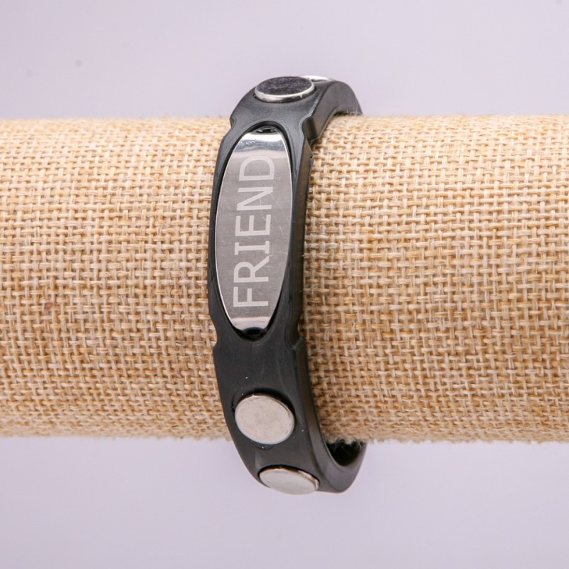 Bracelet with metal inserts, 21 cm long, 15 mm thick, rubber, black color, with clasp