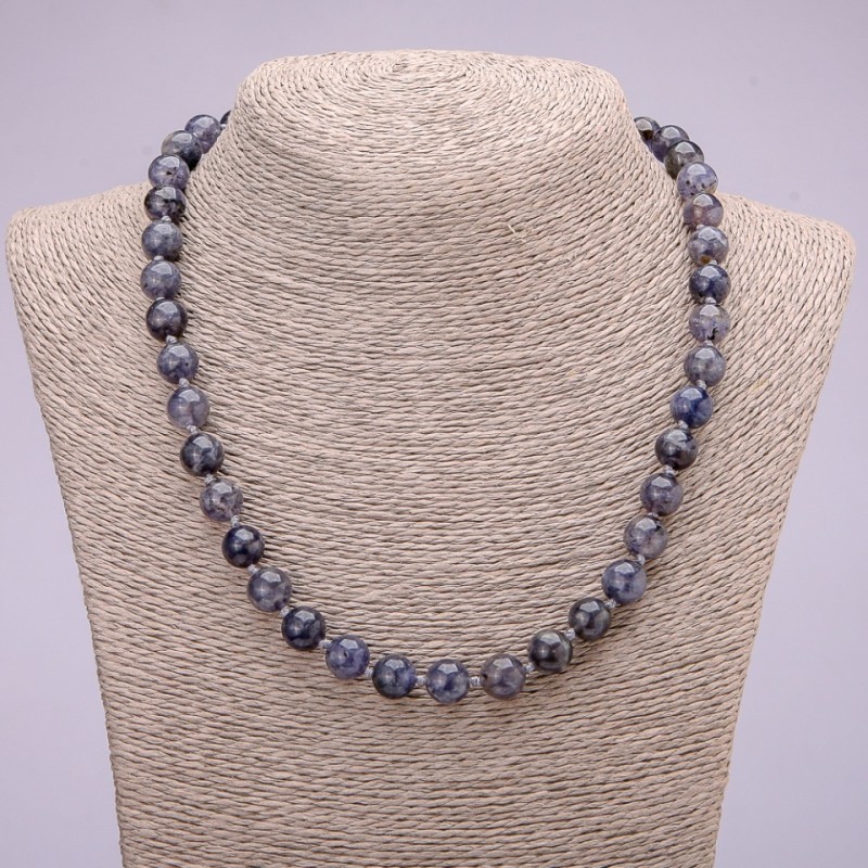 Natural iolite necklace with smooth round beads, 10 mm diameter, 48 cm length
