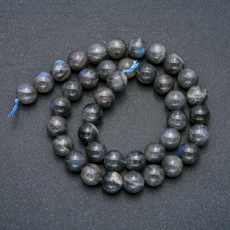 Beads on a thread, natural Labradorite, smooth round beads, 10 mm diameter, 39 cm length