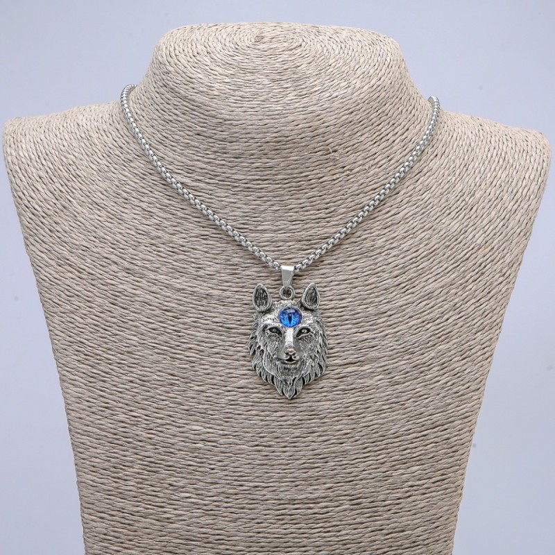 Wolf Talisman Pendant with Blue Eye, 29x47 mm on chain, 65 cm length, silver-tone