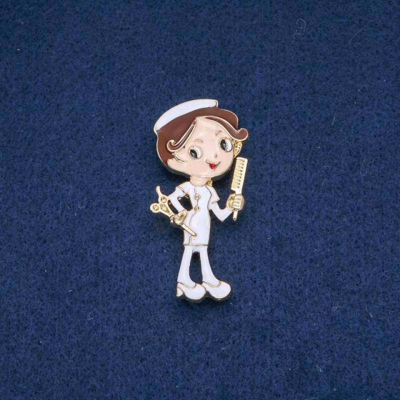 Brooch Hairdresser, white enamel, golden metal 47×24 mm +