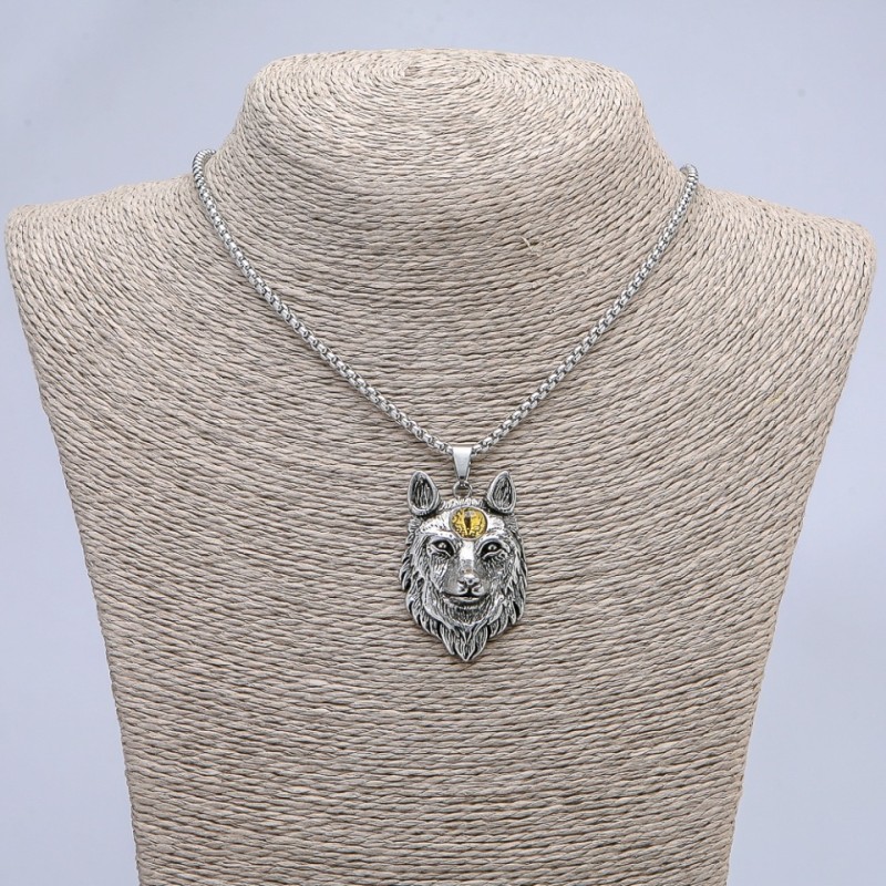 Wolf Talisman Pendant with Yellow Eye, 29×47 mm on a chain, length 65 cm, silver