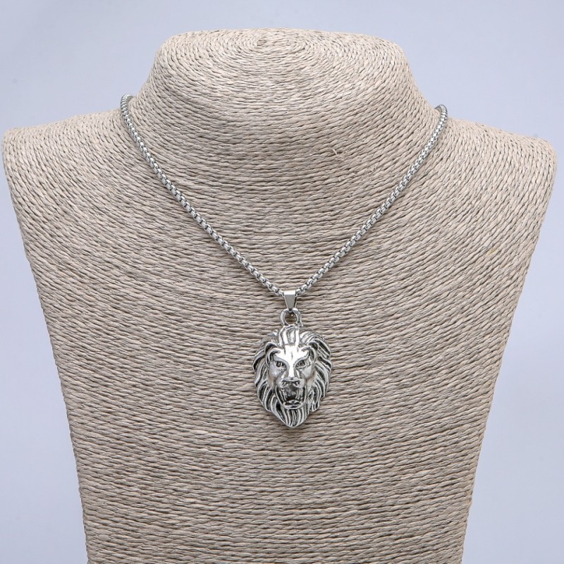 Lion Pendant 45×27 mm on chain, length about 70 cm, silver-colored metal