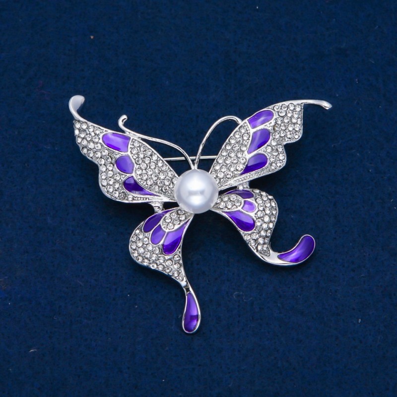 Sale! Butterfly Brooch with white rhinestones, enamel, bead, silver-tone metal 60×60 mm +