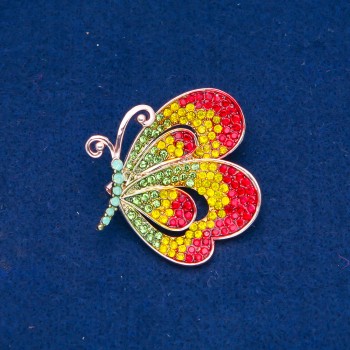 Brooch 'Butterflies' with golden metal, green, yellow and red crystals, 43x43mm +