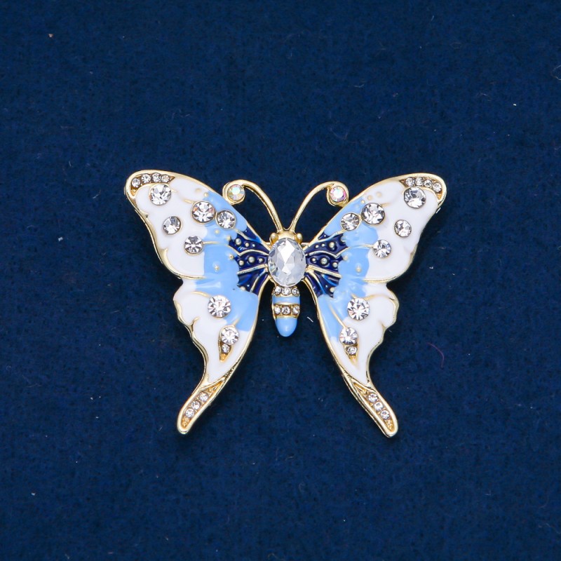 SALE! Butterfly Brooch with Golden Metal, Enamel, and White and Petrol Rhinestones 52×42 mm +