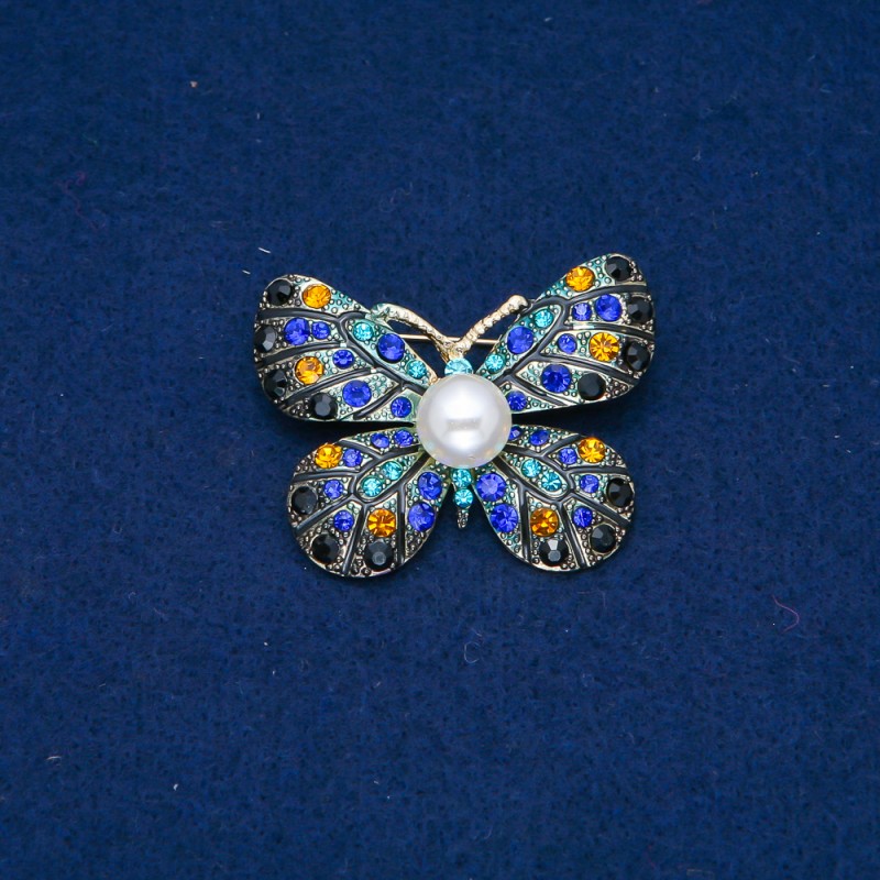 Sale! Butterfly Brooch in Gold-Tone Metal with Yellow, Blue and Black Rhinestones and a Bead 32x42 mm
