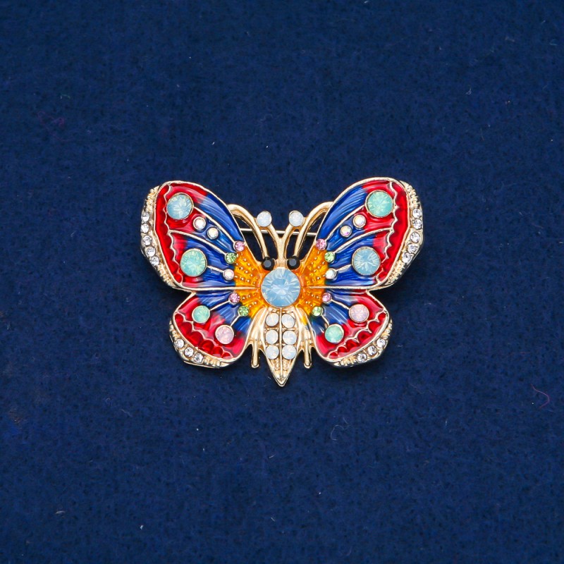 Sale! Butterfly Brooch in gold-tone metal, enamel, and crystals in white, blue, lime, and pink 30×45 mm +