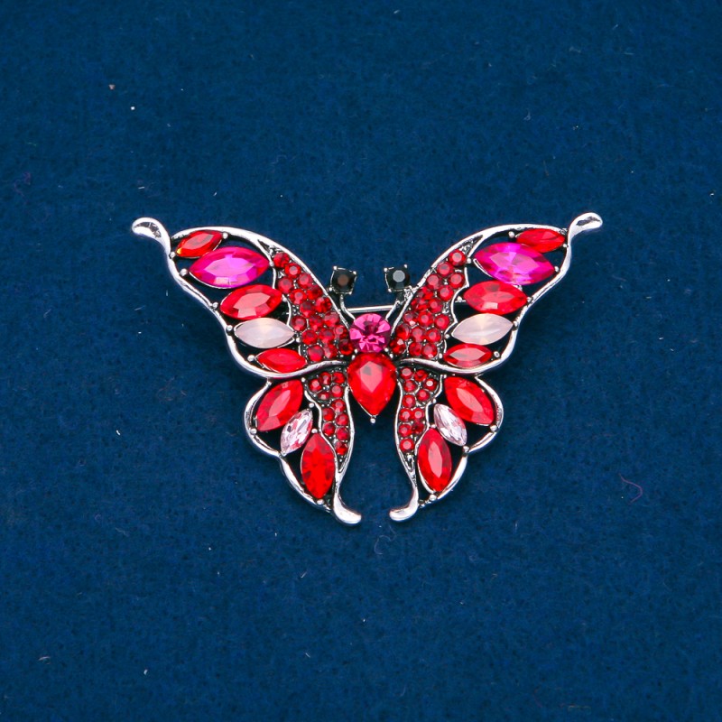 Sale! Butterfly Brooch in silver-toned metal with red, pink, and white crystals 37×60 mm +