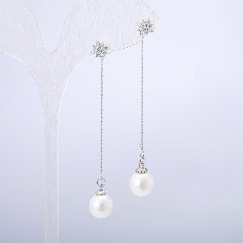Xuping Rhodium-plated Stud Earrings with White Bead and White Crystals, 8.8 mm diameter, 60 mm length