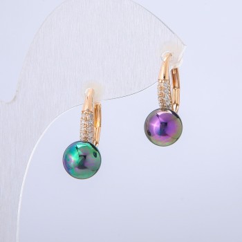 Earrings Xuping 18K Gold Plated with White Crystals and Black Petrol Bead, 19 mm Long