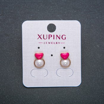 Heart Earrings Xuping – 18K Gold Plating with Pink Enamel and White Bead, Stud Earrings, Diameter 12×8 mm +