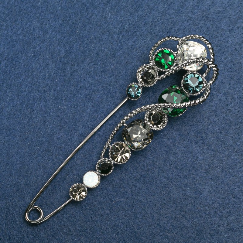 Brooch pin in silver-colored metal, white, green, and gray crystals 90×17 mm +