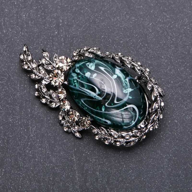Sale! Brooch with gray rhinestones and emerald cabochon 64×38 mm gray metal