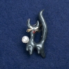 Sale! Cat Brooch, gold-tone metal, enamel and bead, 50×26 mm +