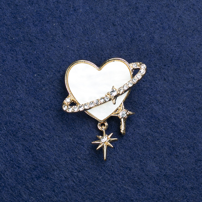Sale! Heart Brooch in Golden Metal, Mother-of-Pearl and Rhinestones 35x30 mm +
