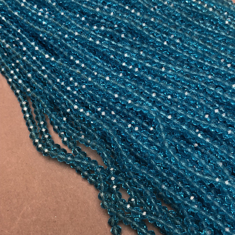 Blue-Green Czech Crystal Beads on Thread, Faceted Rondelles, Diameter 3.5×3 mm, Length 36-38 cm