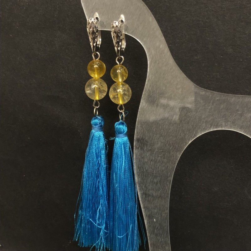 Fringe Earrings with Natural Citrine, Diameter 8–10 mm, Length 120 mm