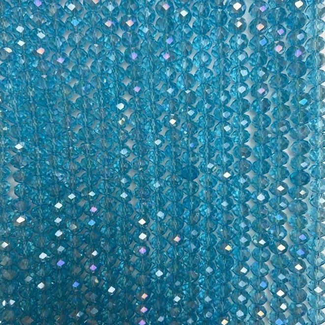 Blue Transparent Czech Crystal Beads on Thread, Gasoline-Coated, Faceted Rondelle, 8x6 mm, Length 40 cm