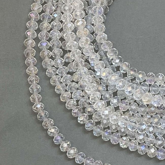 Beads Czech Crystal on a beading thread White transparent with gasoline sheen, faceted rondelle, diameter 8x6 mm + -, length 40-42 cm +
