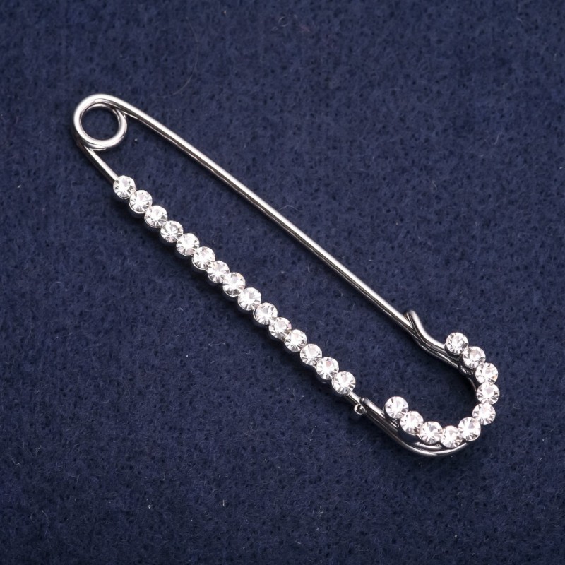 Silver Brooch Pin with White Crystals 70x15mm