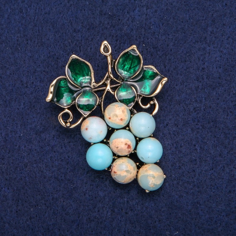 Grapes Brooch with Amazonite and Green Enamel, Gold-Tone Metal 40x50mm