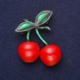 Brooch 'Cherries' enamel, red and green, 45×34 mm, silvery metal