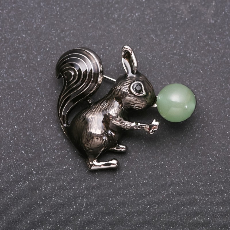 Brooch 'Squirrel with Nephrite' enamel, black color, silver-tone metal, 36×39 mm