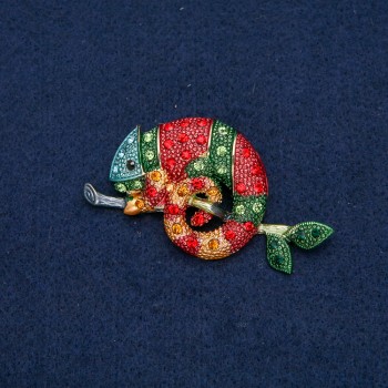 Brooch 'Chameleon' with golden metal and black, yellow, green, red, dark green and blue crystals 63x35 mm +