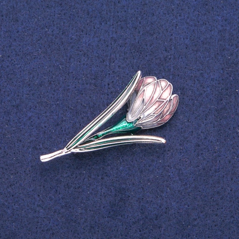 Brooch Pendant Flower, lilac and green enamel, silver-tone metal 25x50 mm