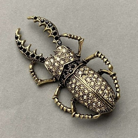 Brooch May Beetle with Rhinestones in Golden Metal 28x57mm