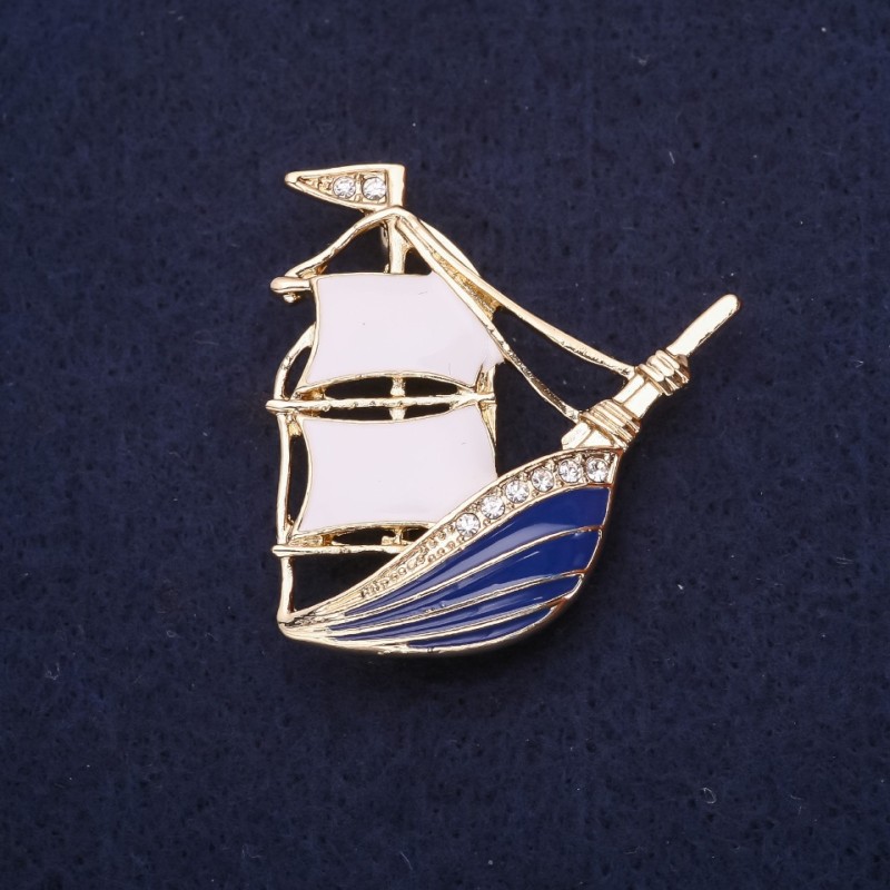 Ship Brooch - Gold-toned metal with enamel and crystals, 37×40 mm +