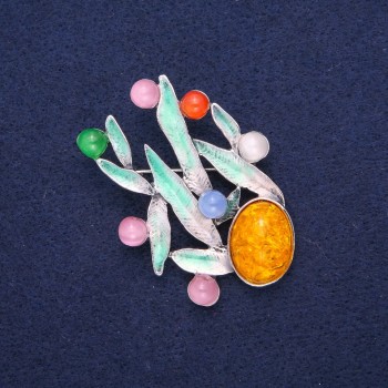 Brooch Leaves Amber and Cat's Eye (synthetic) with Green Enamel, Silver-Toned Metal 38×53 mm