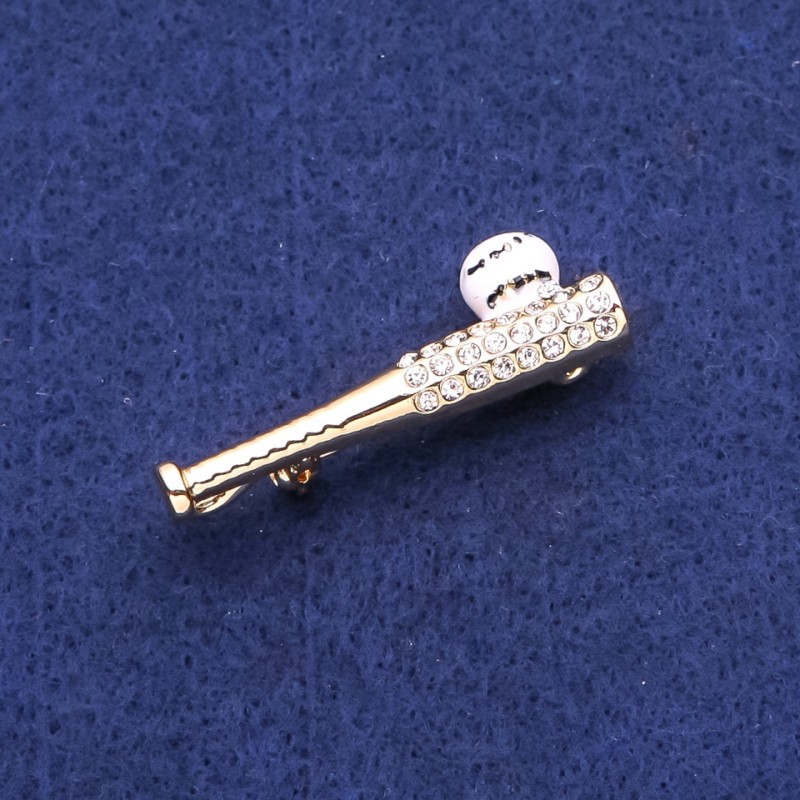 Baseball Bat Brooch with Crystals, Gold-Tone Metal, 13x40 mm