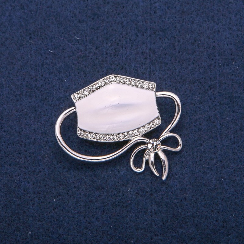 Brooch Pendant Mask white enamel and crystals, silver-toned metal 37x41mm