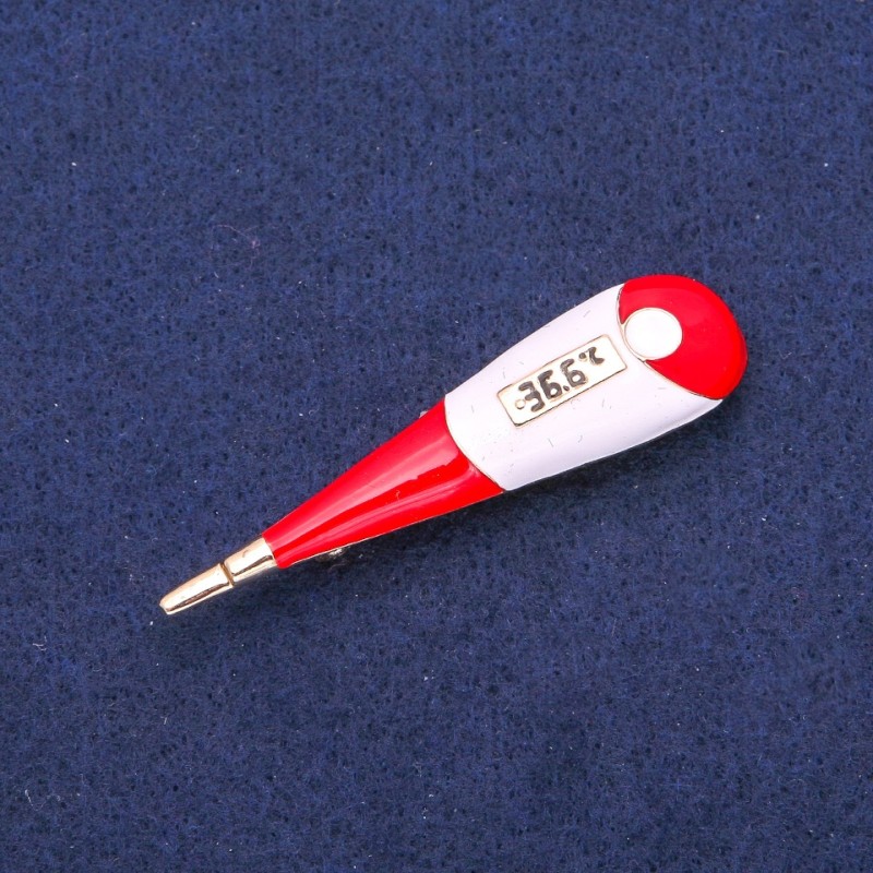 Brooch-pendant Thermometer, red and white enamel, gold-tone metal, 15×58 mm
