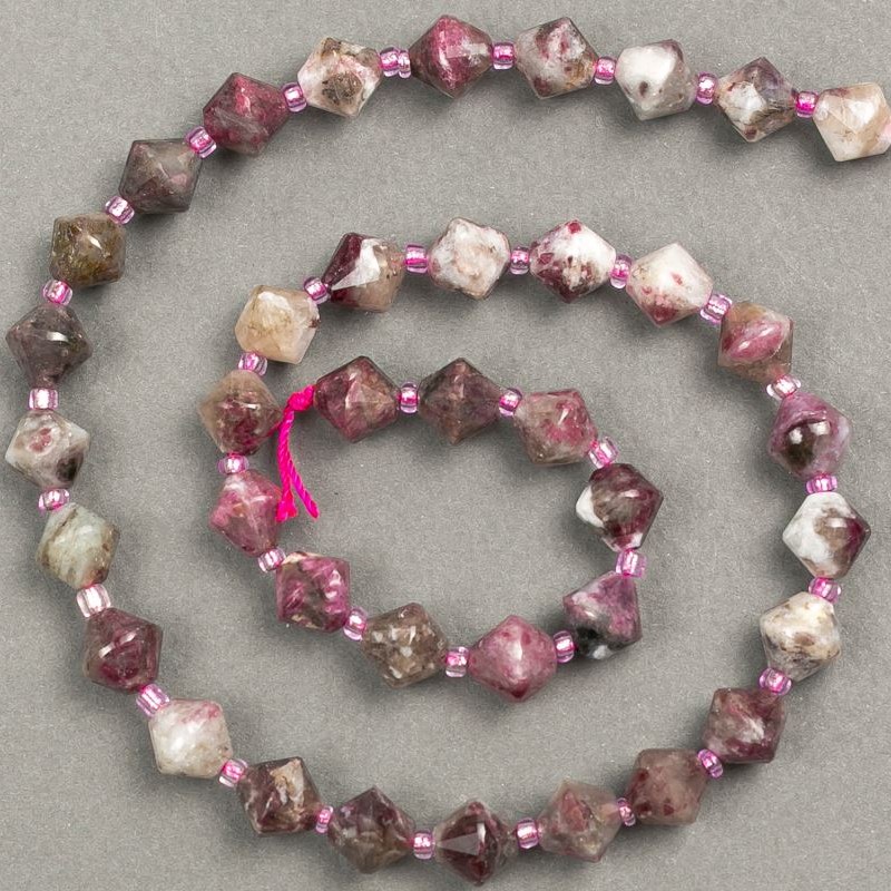 Beads on a thread, natural stone Tourmaline, faceted diamond-shaped, 8×8 mm, length 39 cm ± (seed bead insert 3×3 mm)